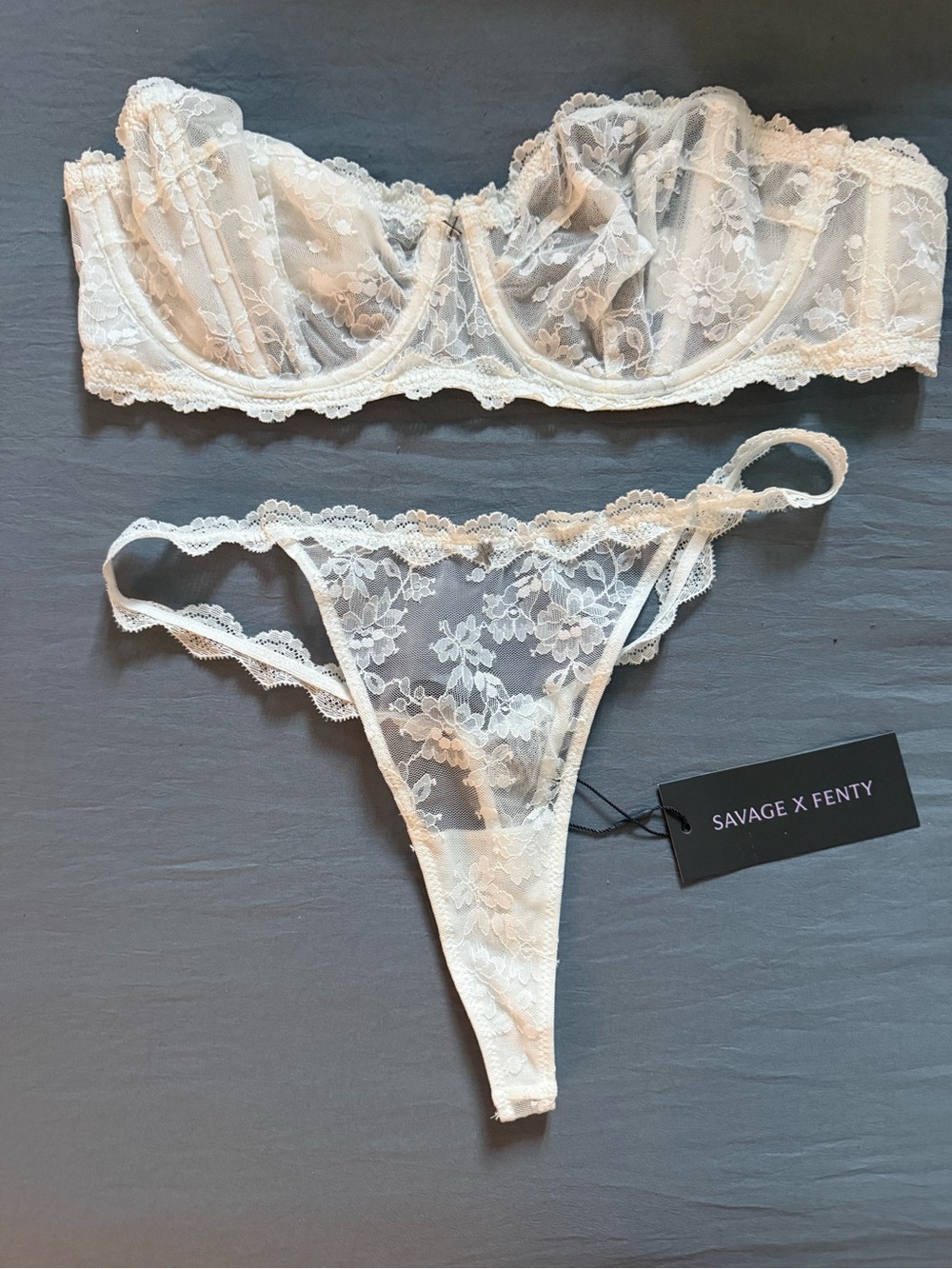 Savage X Fenty White Floral Lace Balconette Bra & Thong